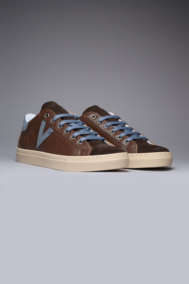 OLYMPIC - Low-top sneakers in hammered leather in dark brown with back and jeans insert