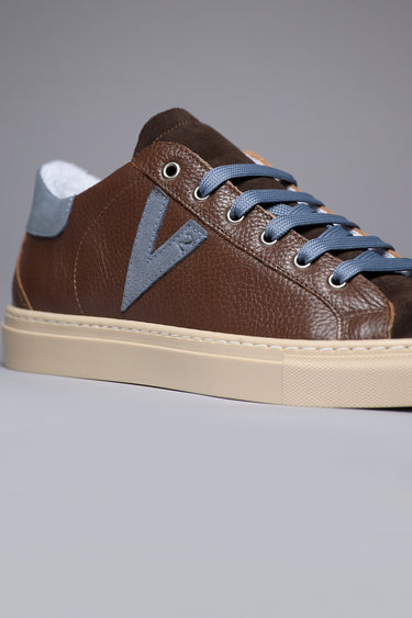 OLYMPIC - Low-top sneakers in hammered leather in dark brown with back and jeans insert