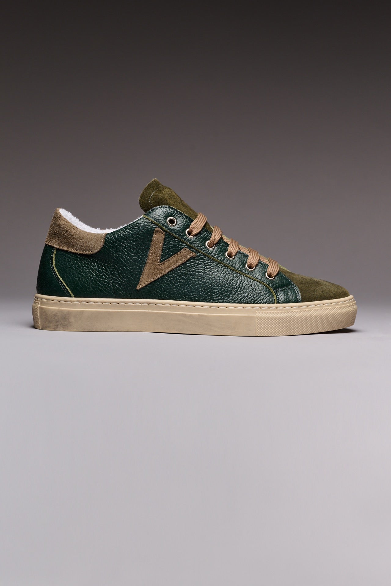 OLYMPIC - Green hammered leather low sole sneakers with Moro back and insert