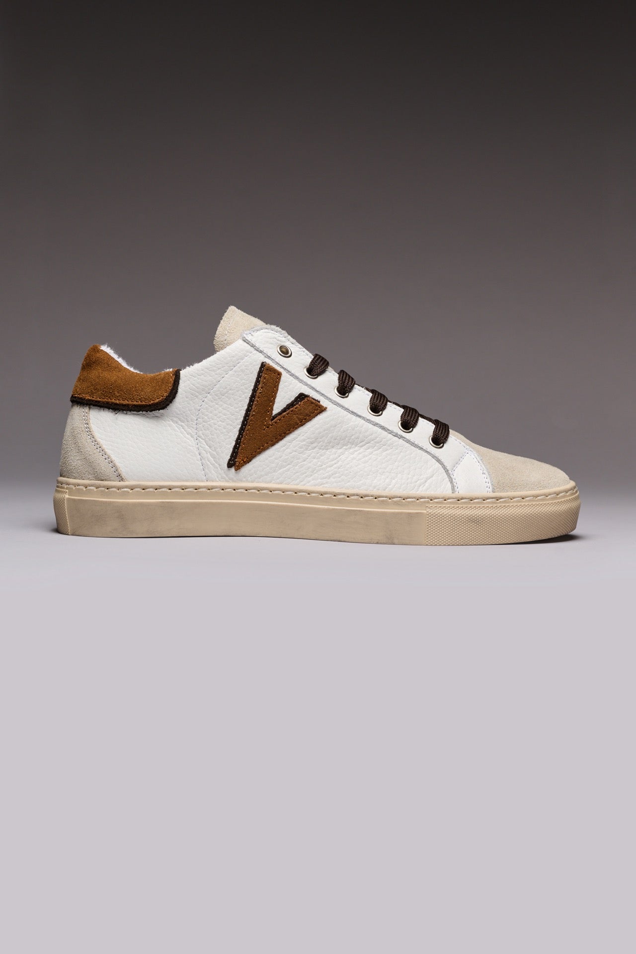 OLYMPIC V - Low-soled sneakers in hammered leather with insert and back Bicolor Cuoio and Moro