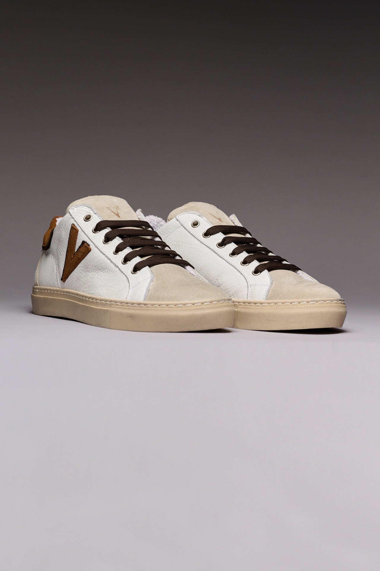 OLYMPIC V - Low-soled sneakers in hammered leather with insert and back Bicolor Cuoio and Moro