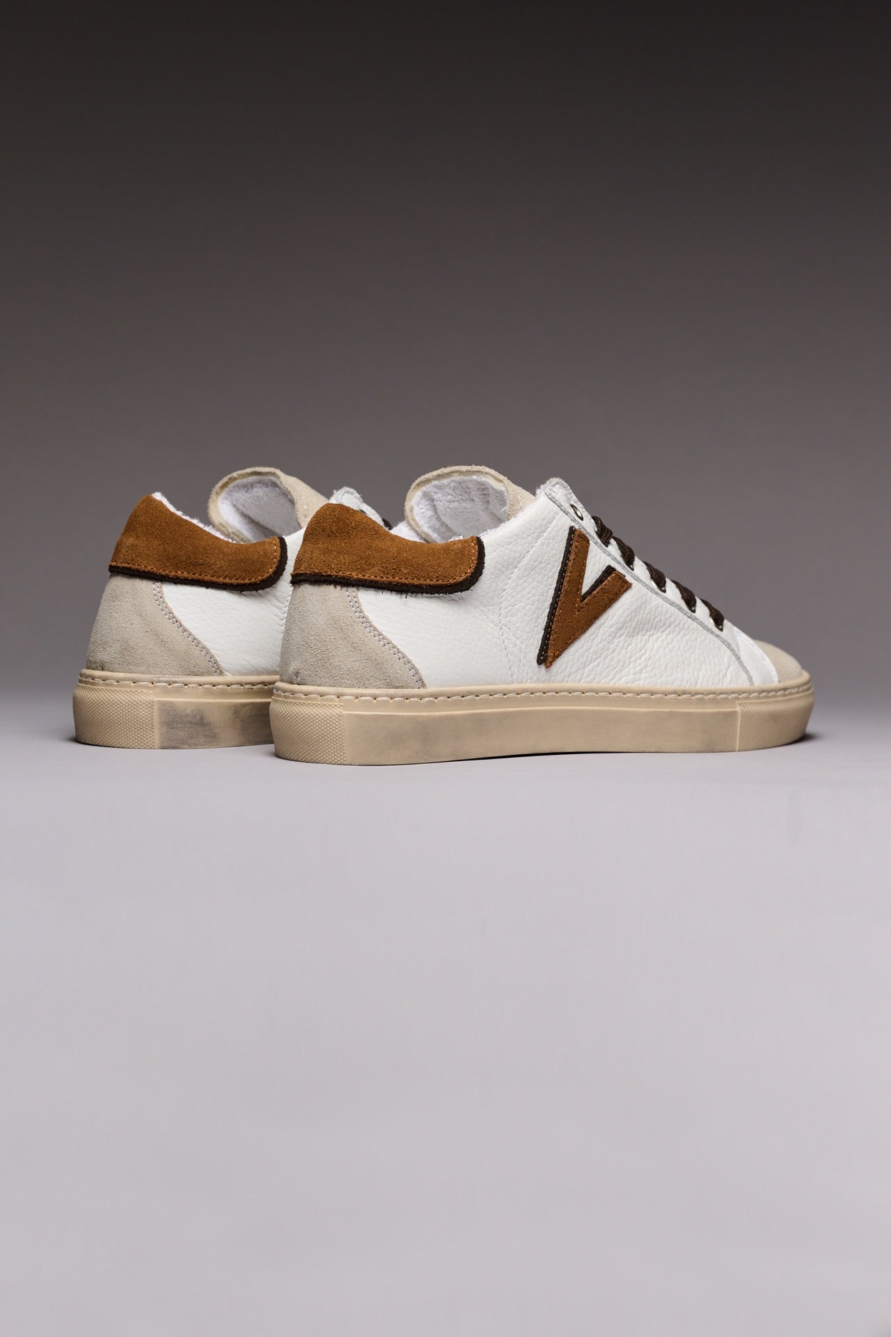 OLYMPIC V - Low-soled sneakers in hammered leather with insert and back Bicolor Cuoio and Moro