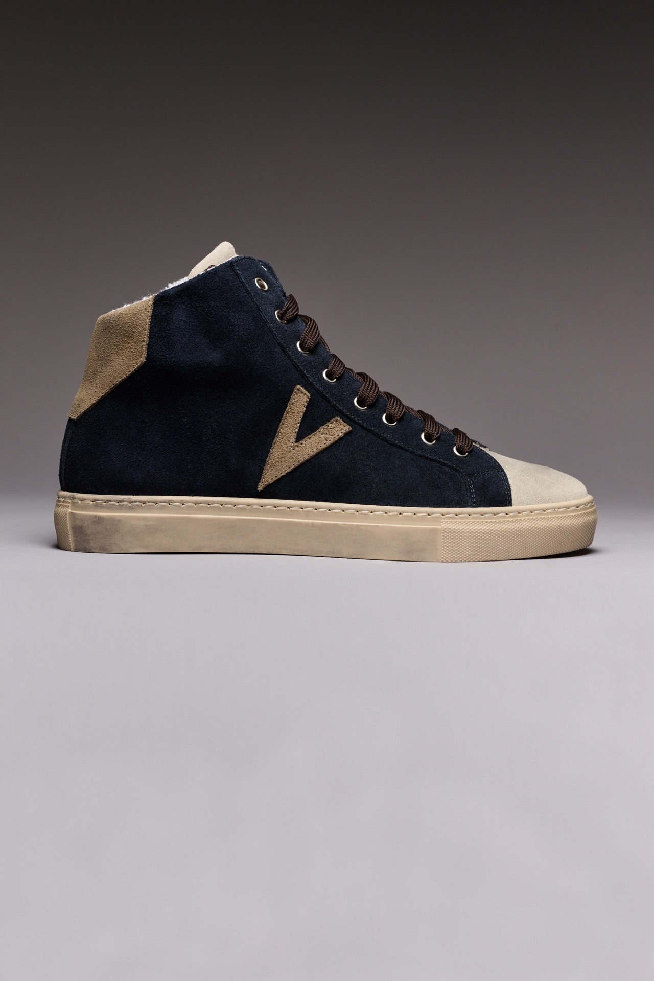 OLYMPIC MID- Sneakers alte Blu con retro e inserto Tortora