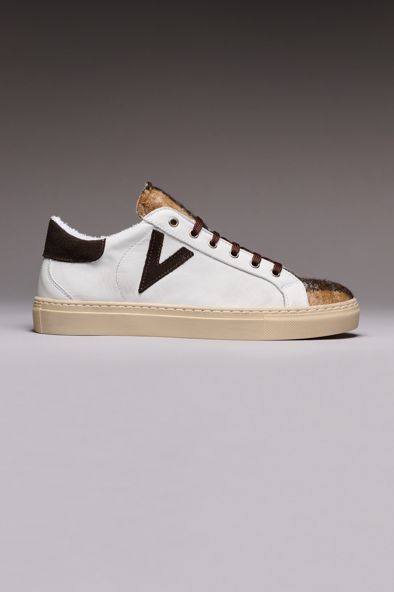 OLYMPIC - Low-soled sneakers in White leather with Moro Quadro fabric tongue