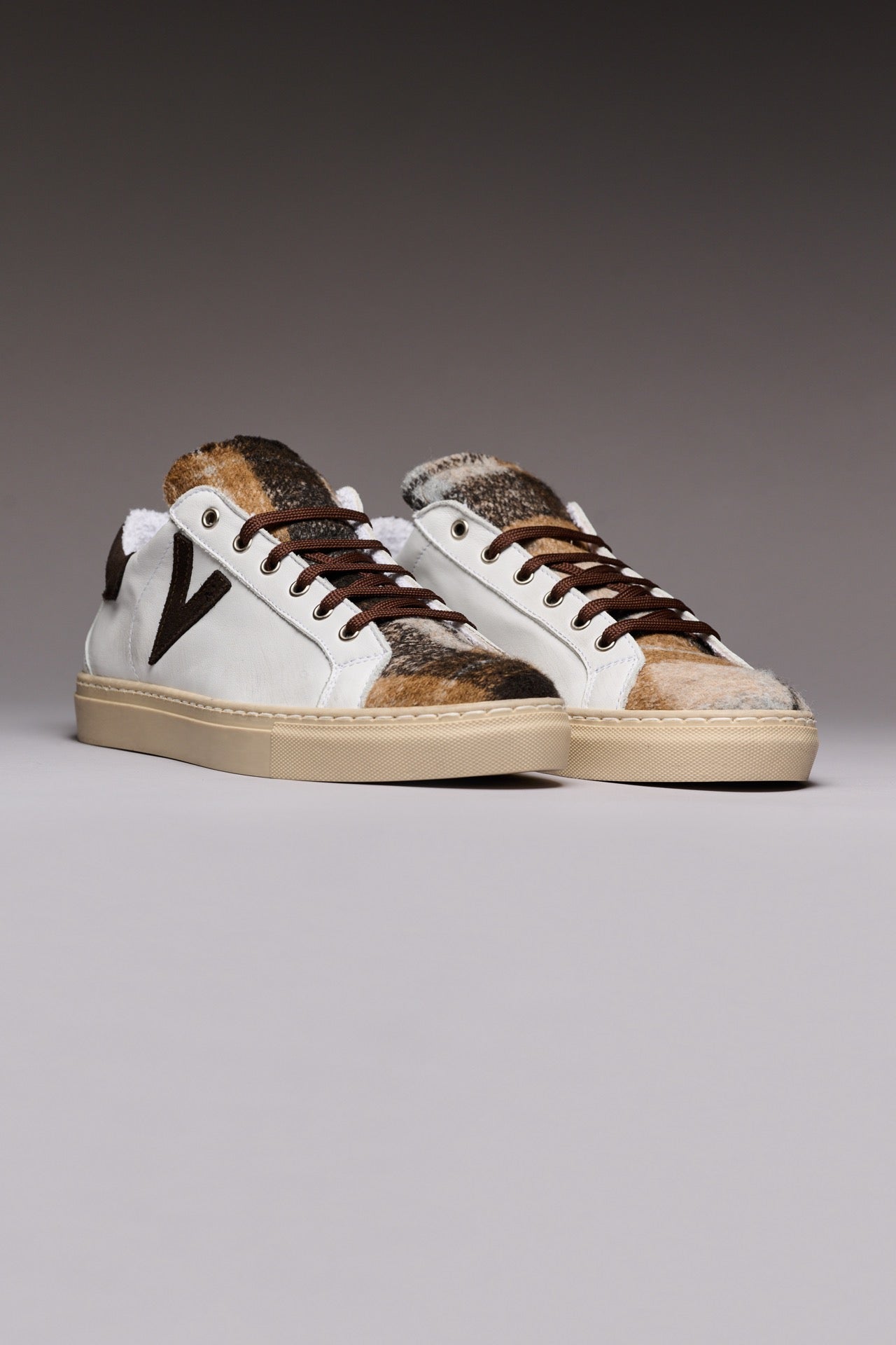 OLYMPIC - Low-soled sneakers in White leather with Moro Quadro fabric tongue