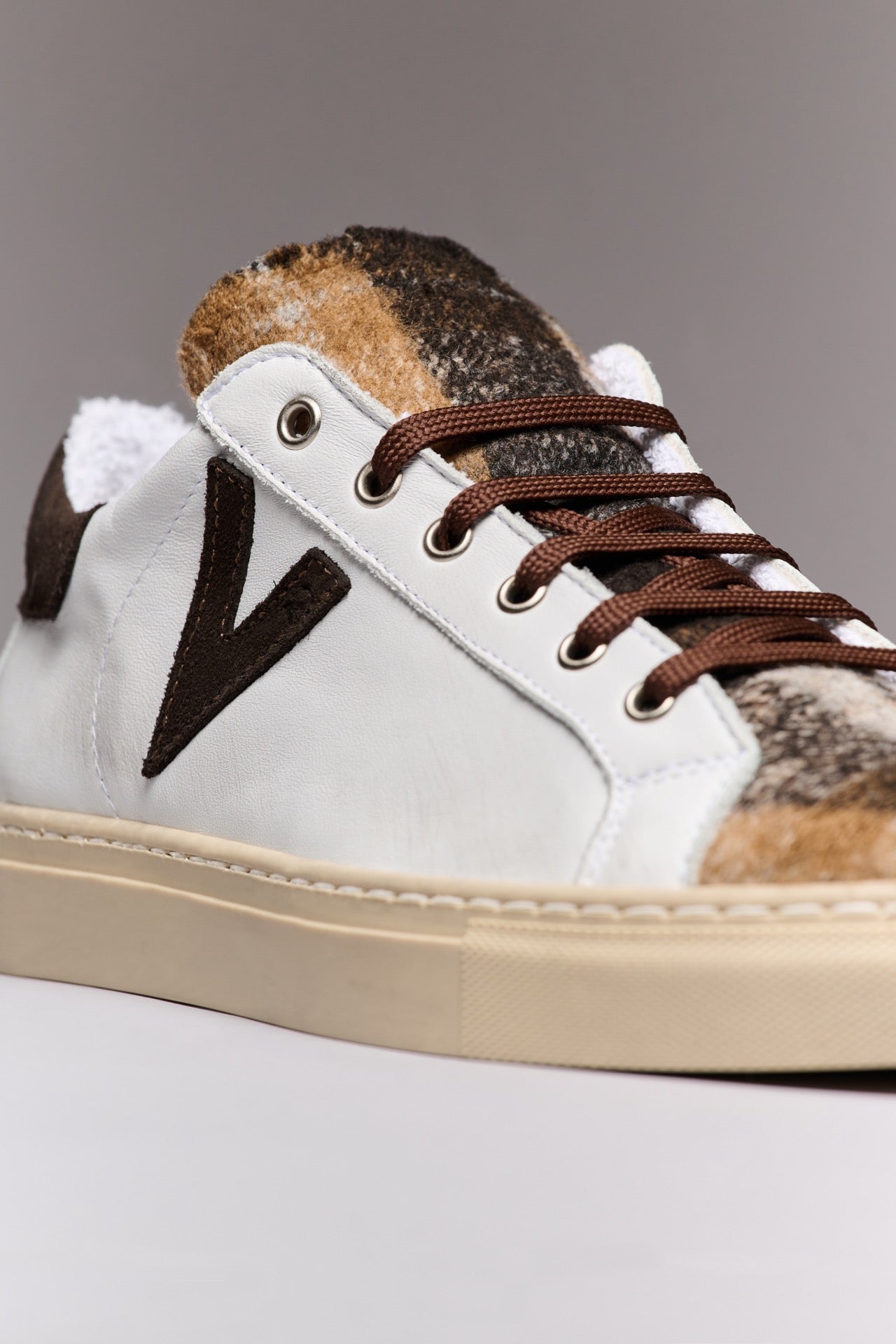 OLYMPIC - Low-soled sneakers in White leather with Moro Quadro fabric tongue