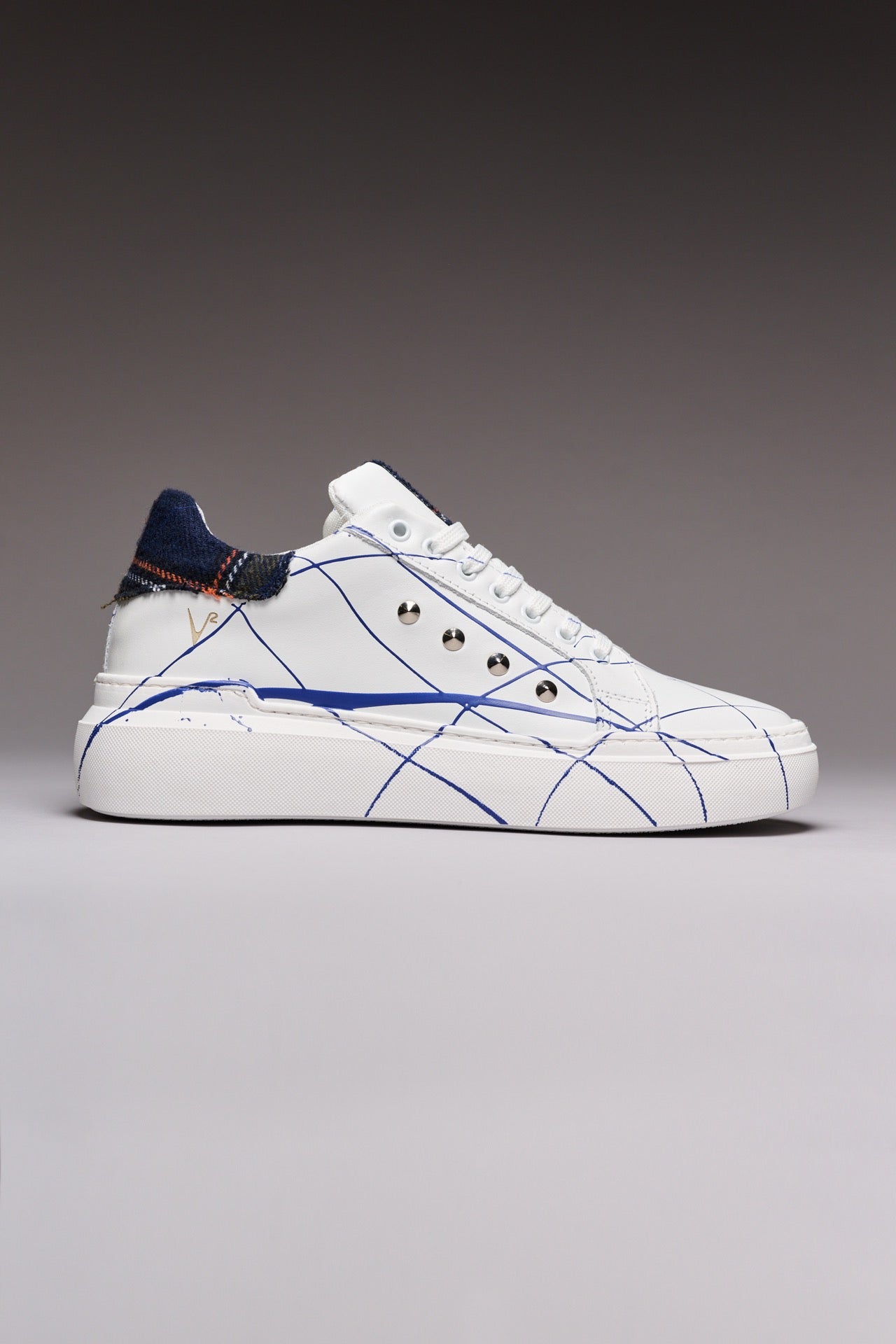 VEGA - High-top sneakers White retro Blue tartan with studs and paint splashes