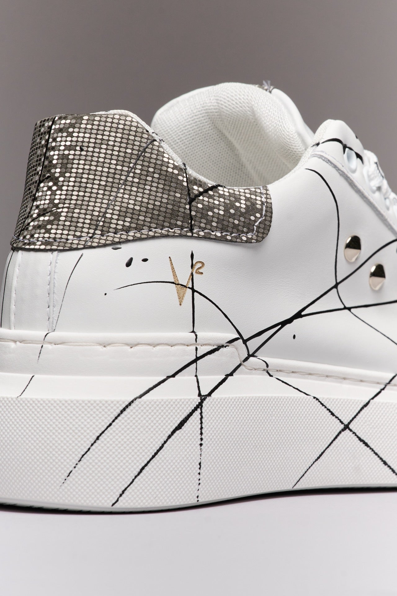 VEGA - White High-top Sneakers Retro Pixel Silver with Studs and Paint Splatter