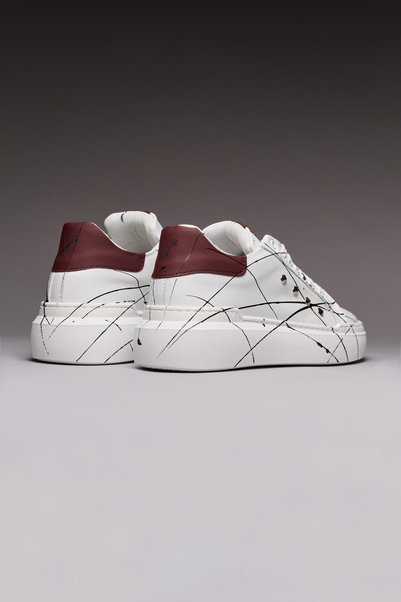 VEGA - White High-Sole Sneakers Retro Bordeaux with Studs and Paint Splatter