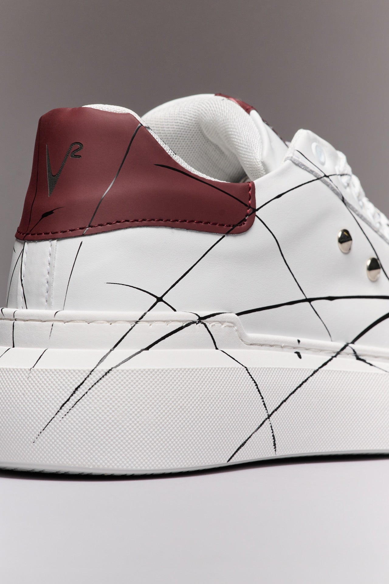 VEGA - White High-Sole Sneakers Retro Bordeaux with Studs and Paint Splatter