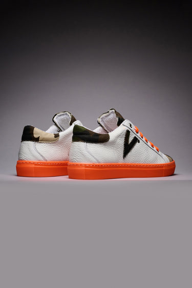 OLYMPIC RAINBOW - White low-top sneakers with Fluorescent Orange sole and laces and Camouflage fabric tongue
