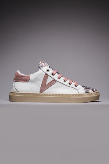 OLYMPIC - Sneakers a suola bassa in pelle Bianca con inserti Rosa Cipria e linguetta in tessuto V2