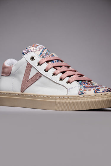 OLYMPIC - Sneakers a suola bassa in pelle Bianca con inserti Rosa Cipria e linguetta in tessuto V2