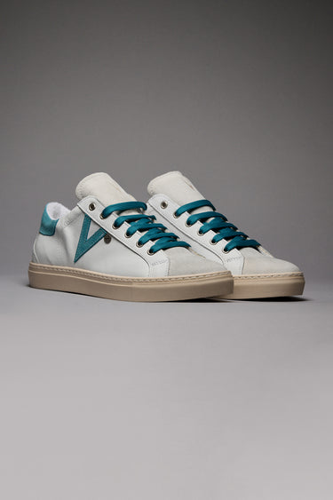 OLYMPIC - White low-top sneakers with light blue suede insert and back