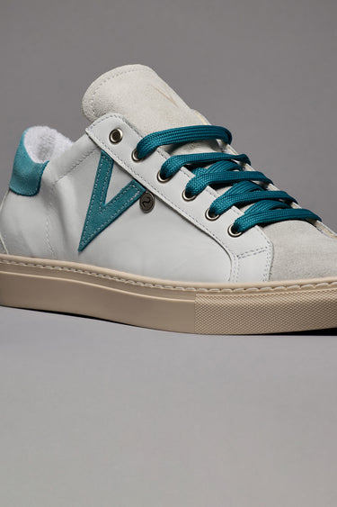 OLYMPIC - White low-top sneakers with light blue suede insert and back