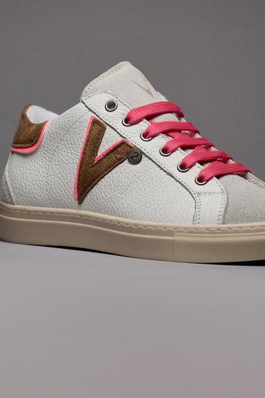 OLYMPIC V - Low-top sneakers in hammered leather with two-tone leather and fluorescent pink insert and back