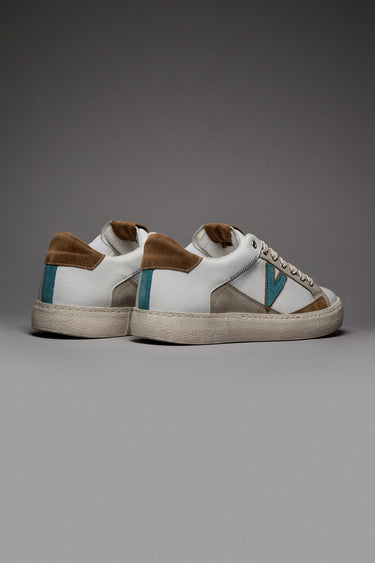 PABLITO - Sneakers con inserti in pelle Cuoio Sabbia e Azzurro e Ricami