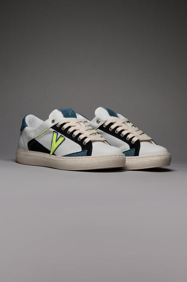 PABLITO - Sneakers con inserti Jeans Blu e Giallo Fluo e Ricami