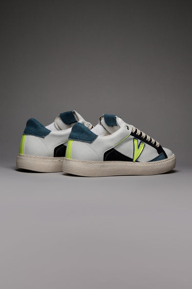 PABLITO - Sneakers con inserti Jeans Blu e Giallo Fluo e Ricami