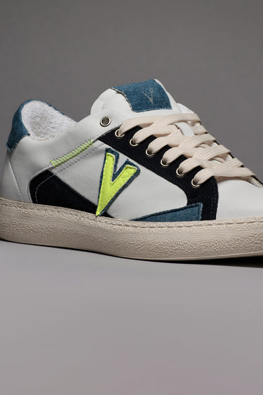 PABLITO - Sneakers con inserti Jeans Blu e Giallo Fluo e Ricami
