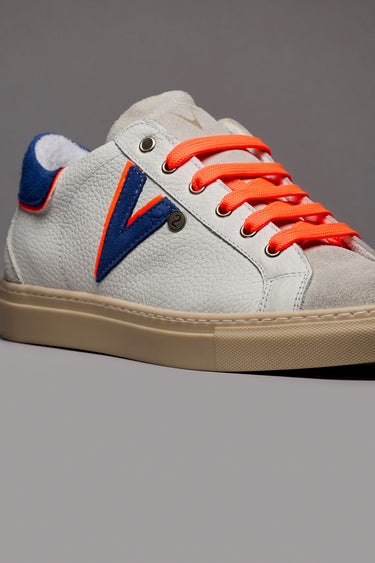 OLYMPIC V - Low-top sneakers in hammered leather with two-tone Royal Blue and Fluorescent Orange insert and back