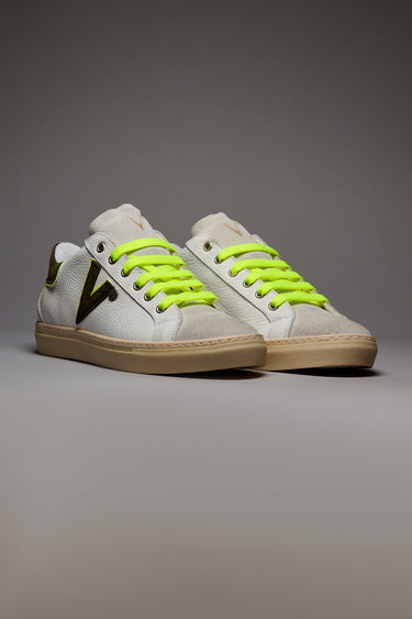 OLYMPIC V - Low-top sneakers in hammered leather with two-tone military green and fluorescent yellow insert and back