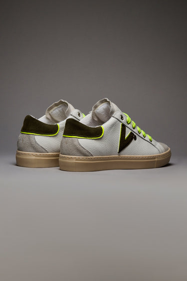 OLYMPIC V - Low-top sneakers in hammered leather with two-tone military green and fluorescent yellow insert and back