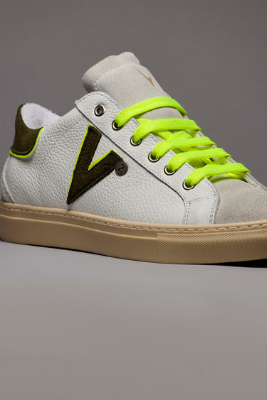 OLYMPIC V - Low-top sneakers in hammered leather with two-tone military green and fluorescent yellow insert and back
