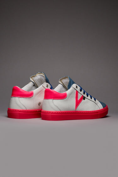 OLYMPIC RAINBOW - White low-top sneakers with neon pink sole and V2 fabric tongue