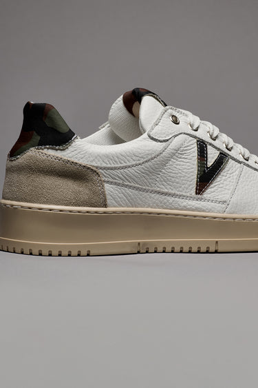 COLLEGE - White Sneakers with Camouflage Fabric Back and Insert