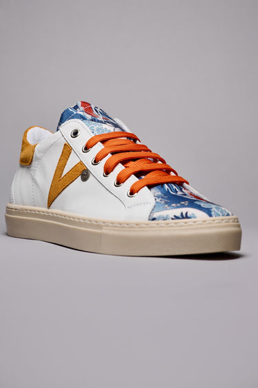 OLYMPIC - Low-top sneakers in white leather with orange insert and Japan Waves fabric tongue