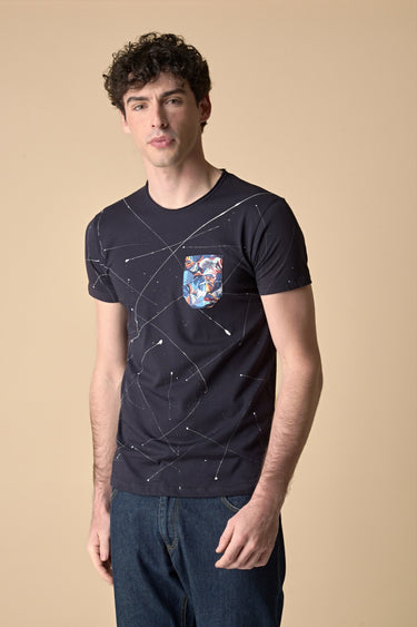 Blue T-Shirt with Pocket in V2 Fabric and Paint Splatter
