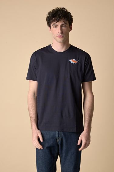 T-Shirt Japan Blu con ricamo Carpa e Stampa a Patch sul retro