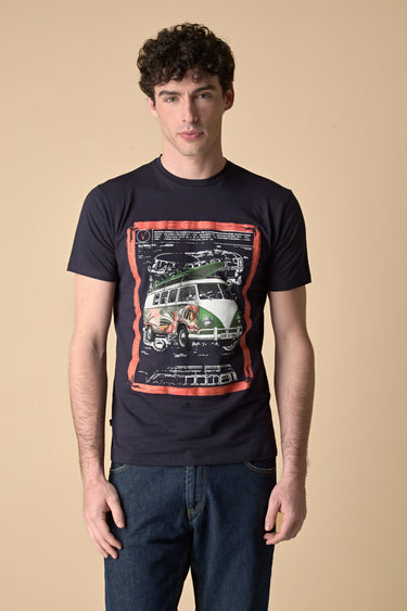 Blue T-Shirt with Camper print and V2 fabric insert and inner collar