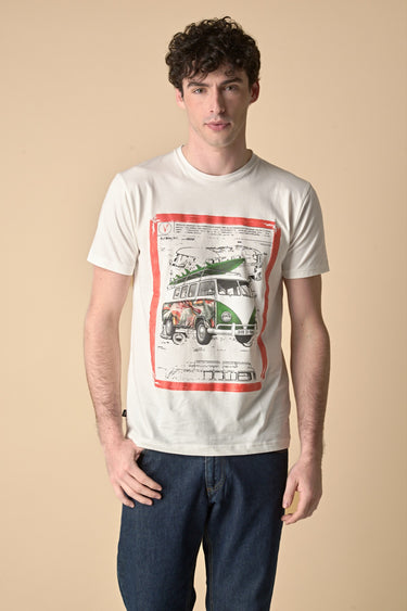 T-Shirt Panna stampa Camper con inserto e interno collo in tessuto V2