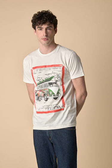 T-Shirt Panna stampa Camper con inserto e interno collo in tessuto V2