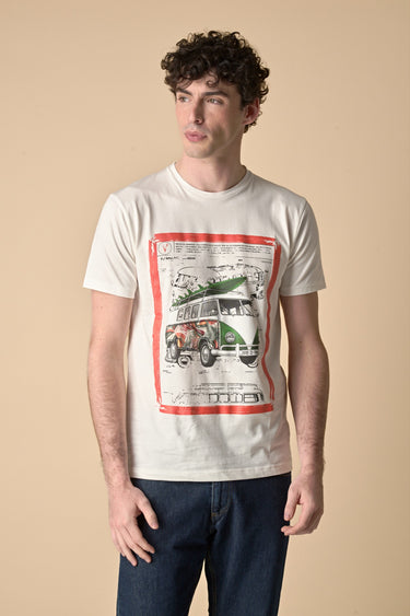 T-Shirt Panna stampa Camper con inserto e interno collo in tessuto V2