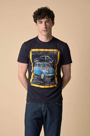 T-Shirt Blu stampa Macchina con inserto e interno collo in tessuto V2