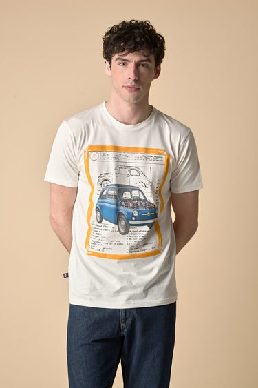 T-Shirt Panna stampa Macchina con inserto e interno collo in tessuto V2