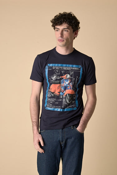 T-Shirt Blu stampa Moto con inserto e interno collo in tessuto V2