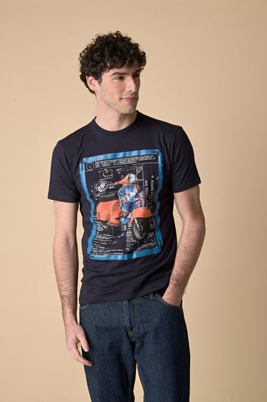 T-Shirt Blu stampa Moto con inserto e interno collo in tessuto V2