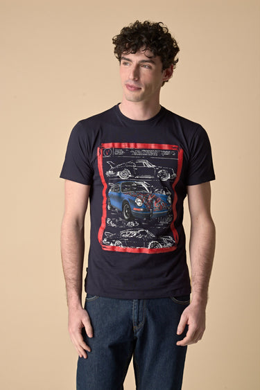 Blue T-Shirt with Supercar print and V2 fabric insert and inner collar