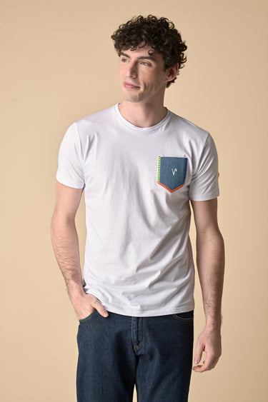 T-Shirt Bianca con taschino in Jeans e ricami Fluo
