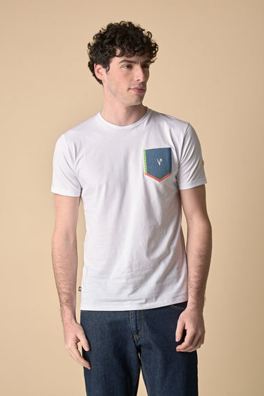 T-Shirt Bianca con taschino in Jeans e ricami Fluo