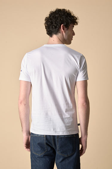 T-Shirt Bianca con taschino in Jeans e ricami Fluo