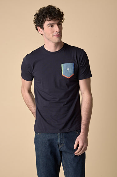 Blue T-Shirt with Denim Pocket and Fluorescent Embroidery
