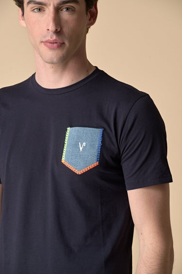 Blue T-Shirt with Denim Pocket and Fluorescent Embroidery