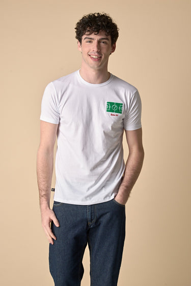 T-Shirt Bianca con ricamo Campo da Calcio in punto spugna