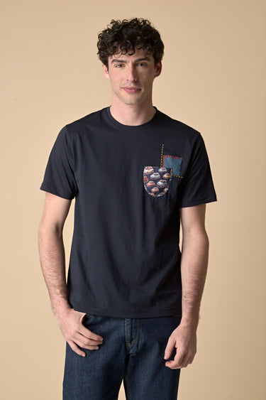T-Shirt Blu con Taschino e Patch ricamato in tessuto V2