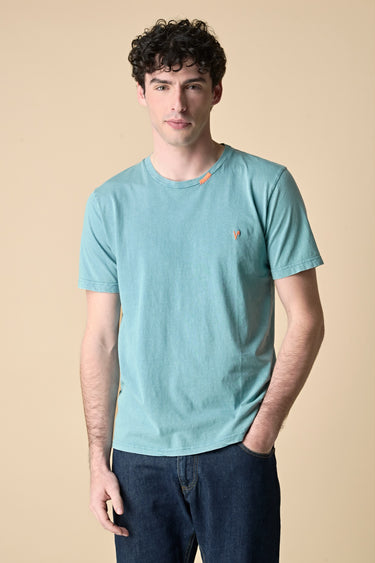 T-Shirt tinto capo marmorizzato Ottanio con Ricami a Contrasto